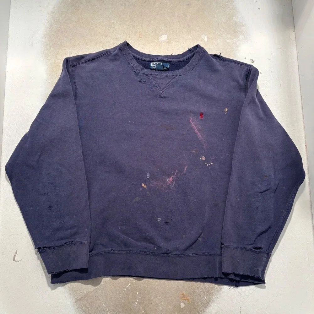 Polo Ralph Lauren Distressed Sweatshirt Mens XXL Navy Thrashed Paint Splatter
